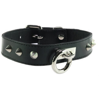 Studded Leather O-Ring Collar in Black